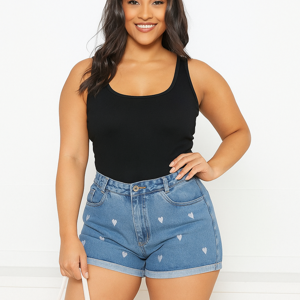 Shorts Jeans Feminino Curto com Estampa de Corações