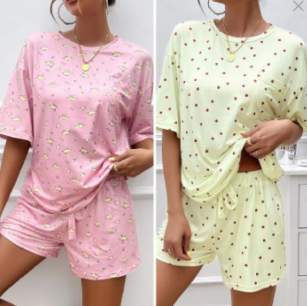 2 Peças Conjunto de Pijama Feminino com Estampa Floral Miúda de Manga Curta 175