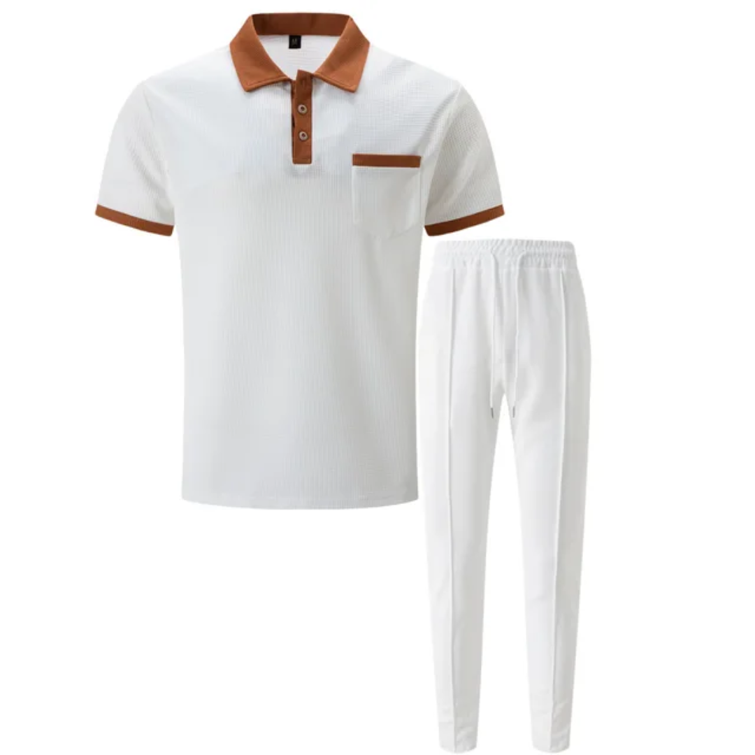 Men's Breathable Polo Shirt & Long Pants Set – Waffle Collar Edition
