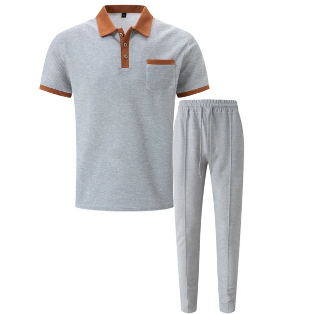 Men's Breathable Polo Shirt & Long Pants Set – Waffle Collar Edition