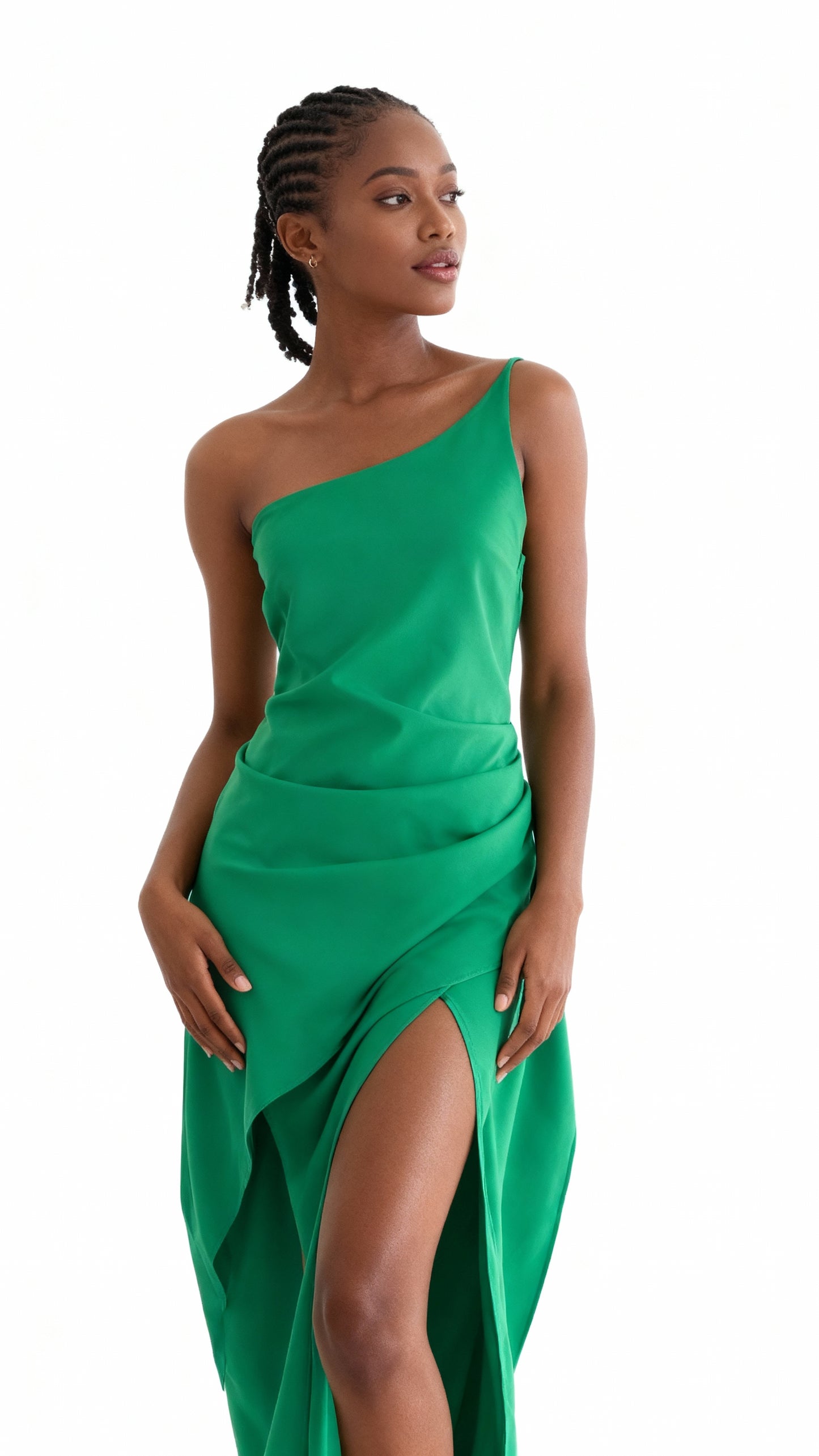 Vestido elegante slim fit com fenda alta e ombros oblíquos 60