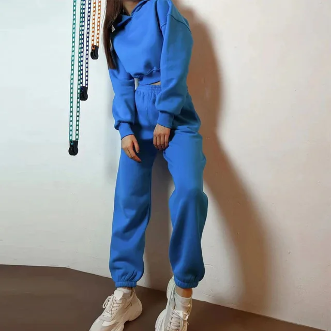 Conjunto feminino de top cropped com capuz e calça de moletom 208