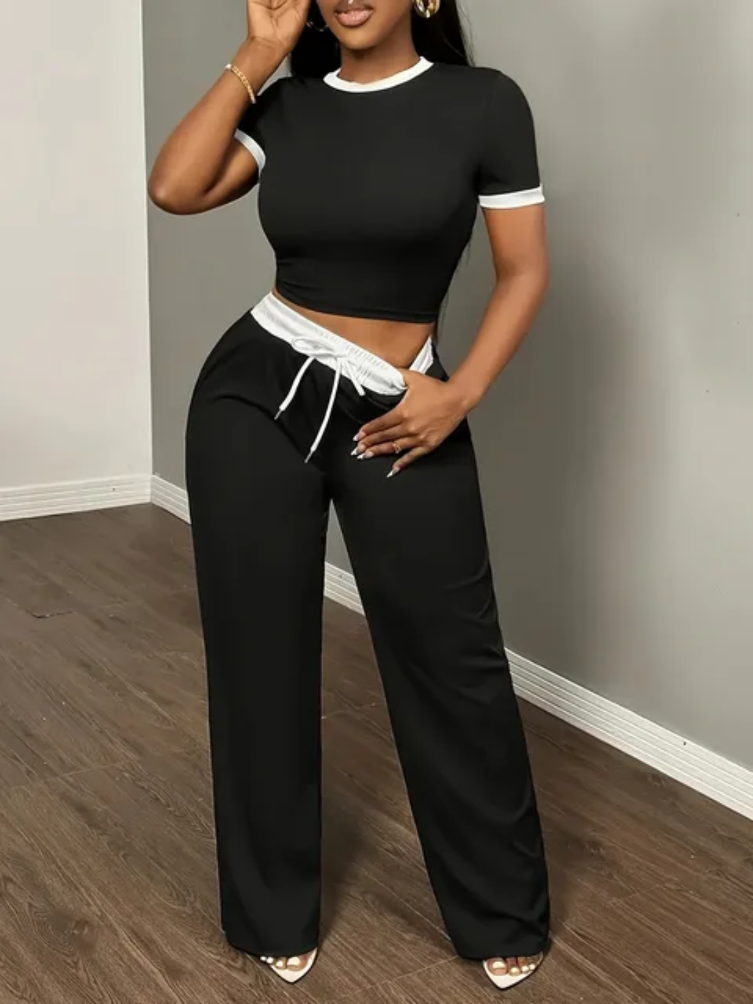 Conjunto Top de Manga Curta Sexy com Contraste de Cor e Calça 2 Peças Feminina 156