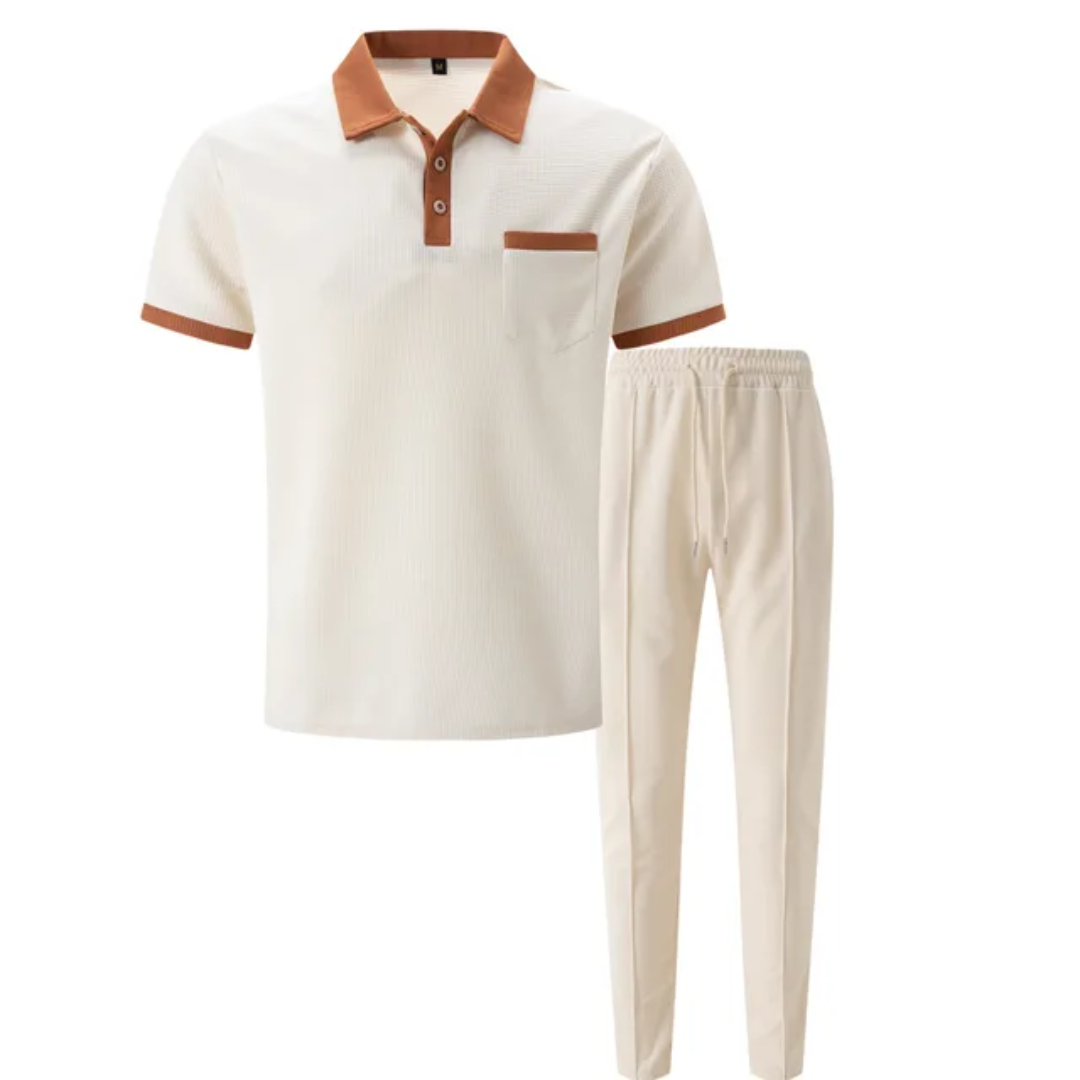 Men's Breathable Polo Shirt & Long Pants Set – Waffle Collar Edition
