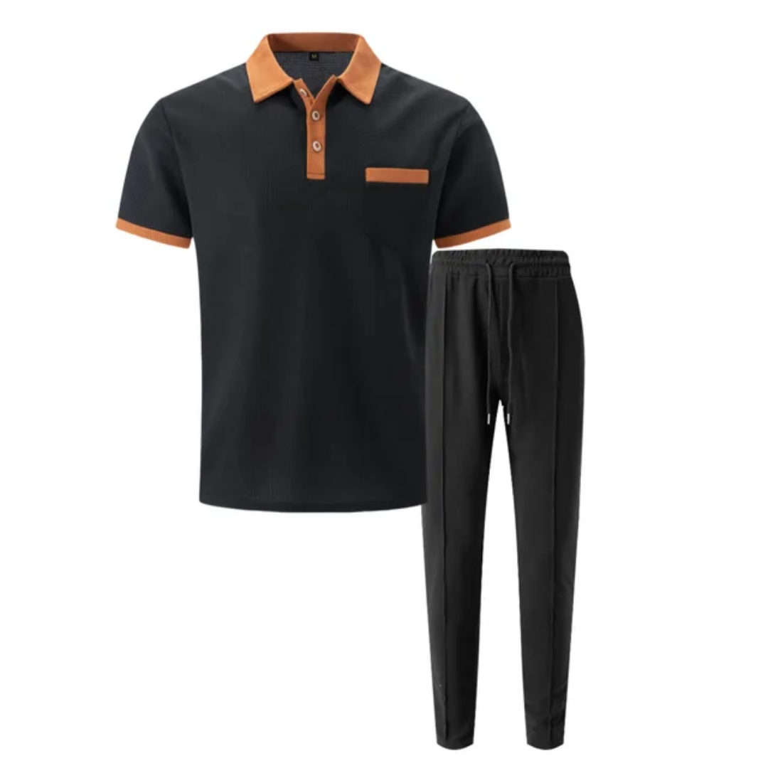 Men's Breathable Polo Shirt & Long Pants Set – Waffle Collar Edition