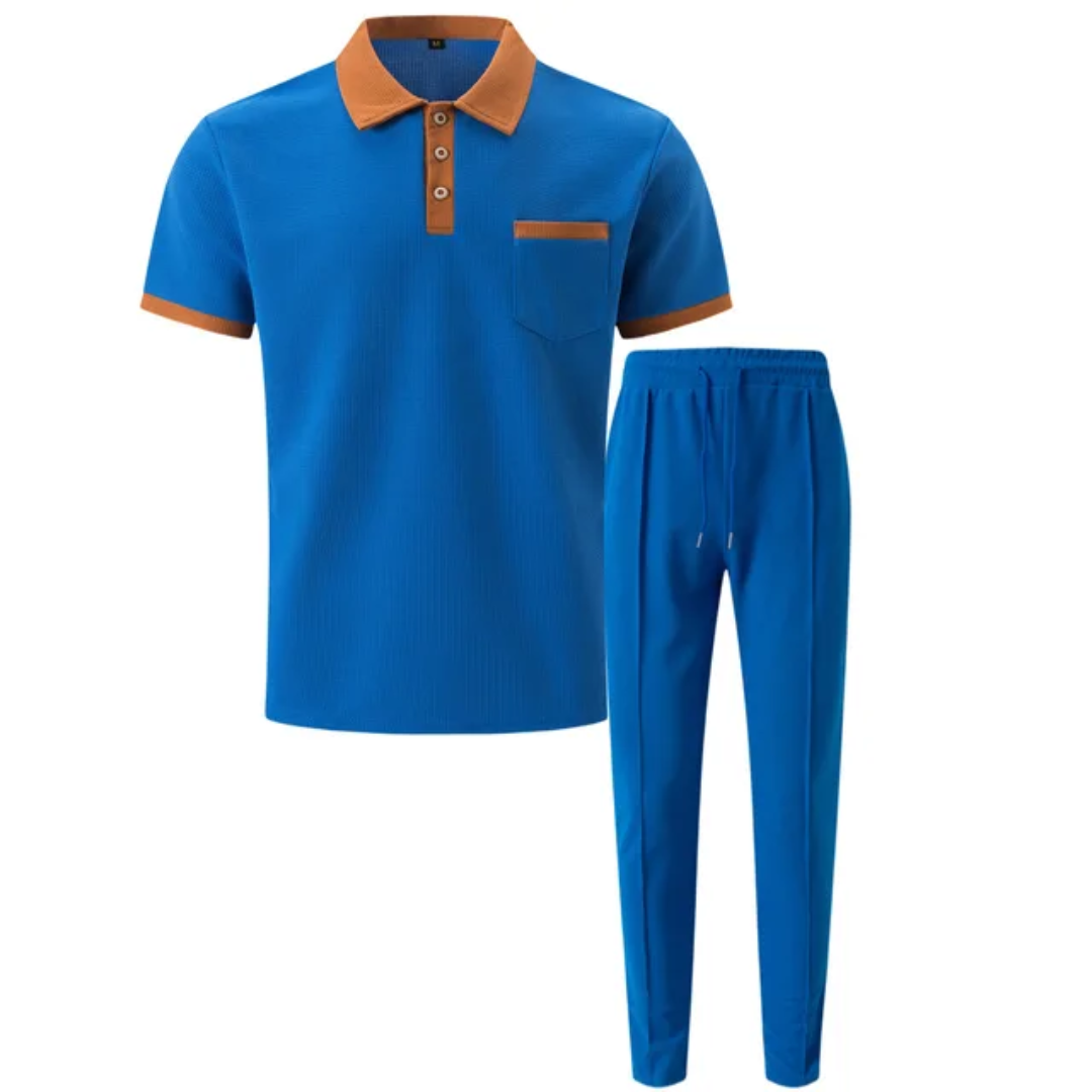 Men's Breathable Polo Shirt & Long Pants Set – Waffle Collar Edition
