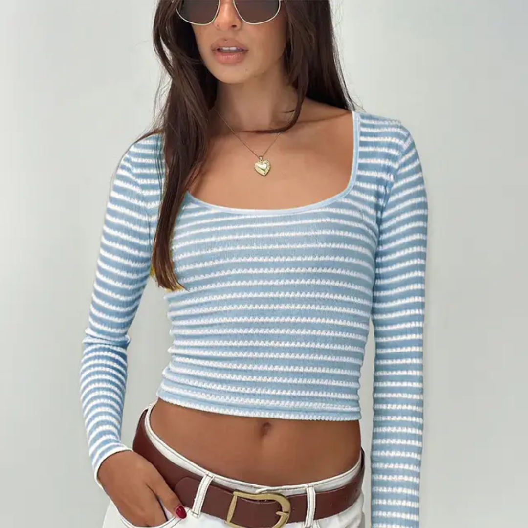 Camiseta de Manga Longa com Decote em V Listrada Casual no Outono e em Todas as Estações 127