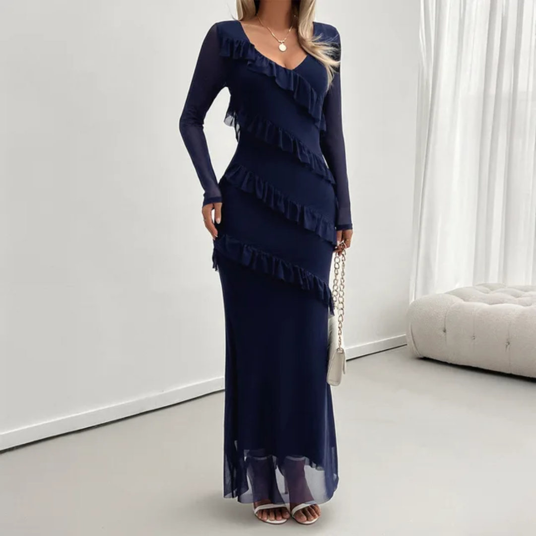 Vestido Malha Elegante e da Moda Feminino com Babados e Decote em V, de Comprimento Médio 176