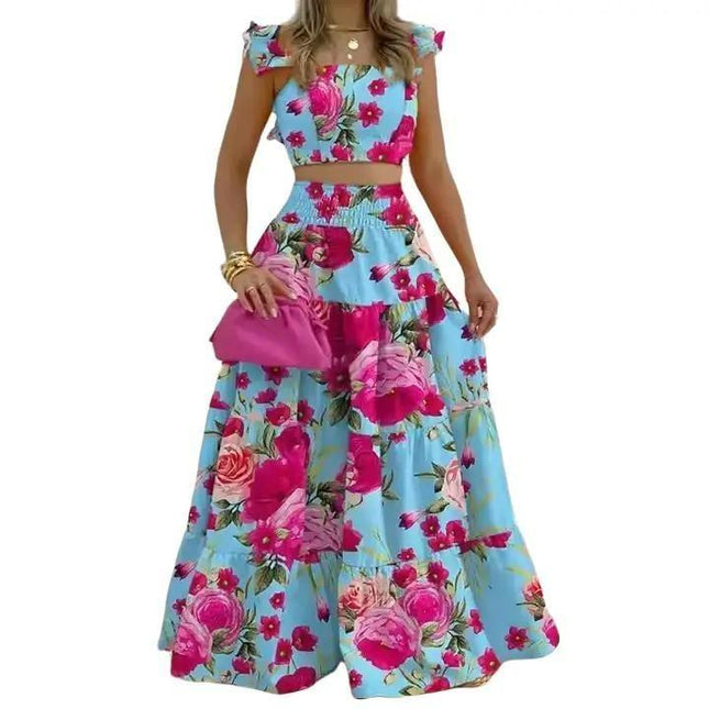 Women's Floral Pattern Shirred High Waist A Line Skirt Set