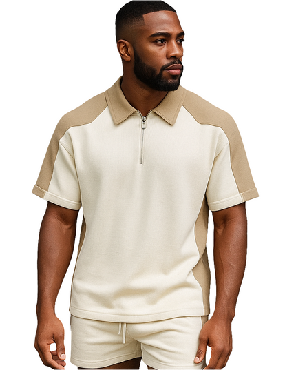 Conjunto Masculino Esportivo Casual — Polo com Zíper + Shorts Waffle