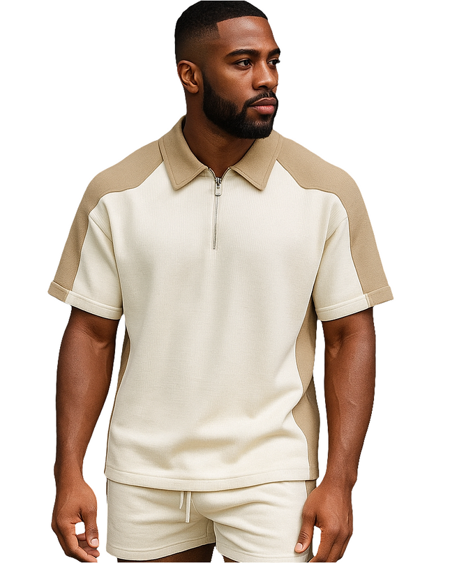 Conjunto Masculino Esportivo Casual — Polo com Zíper + Shorts Waffle