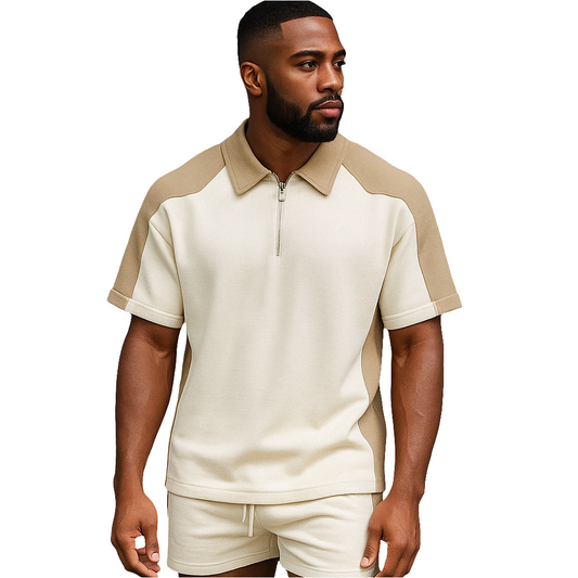 Conjunto Masculino Esportivo Casual — Polo com Zíper + Shorts Waffle