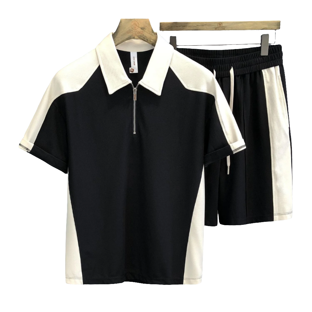 Conjunto Masculino Esportivo Casual — Polo com Zíper + Shorts Waffle