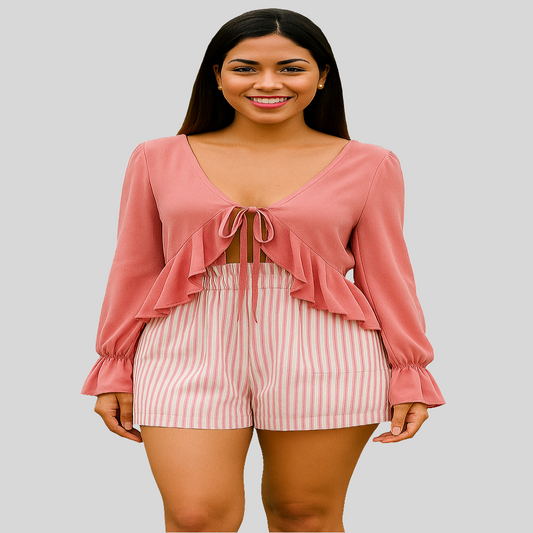 Shorts femininos de cintura alta com elástico e listras combinando 32