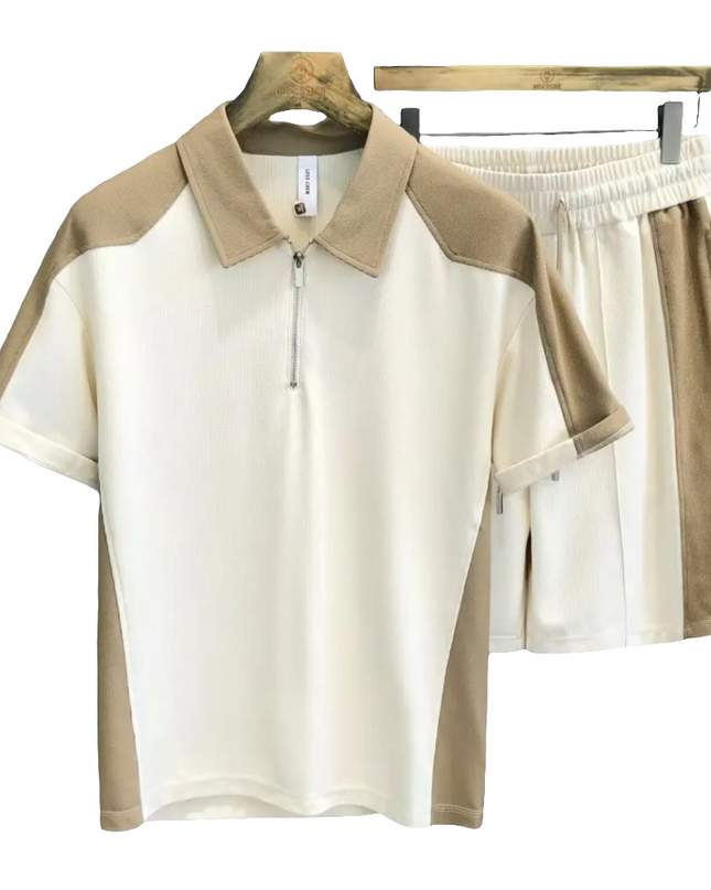 Conjunto Masculino Esportivo Casual — Polo com Zíper + Shorts Waffle