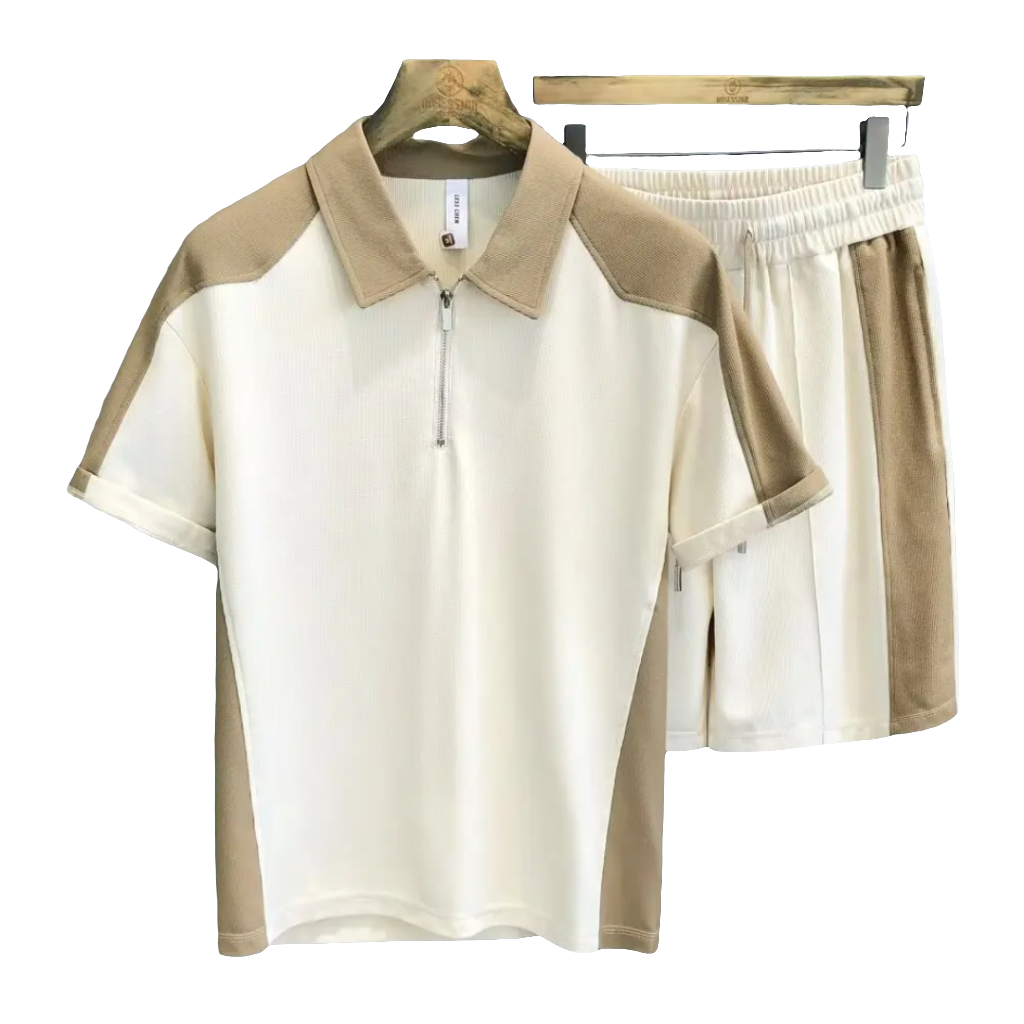 Conjunto Masculino Esportivo Casual — Polo com Zíper + Shorts Waffle
