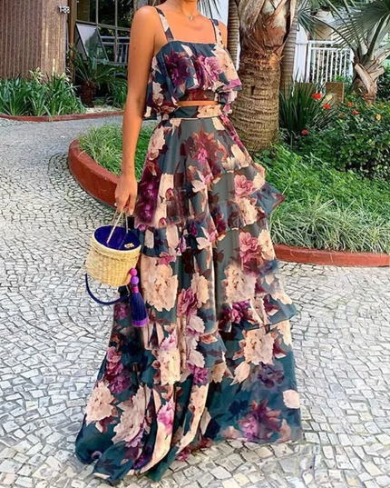 Conjunto de 2 peças Floral Novo de Primavera/Verão, Top com Alça Babada e Saia Longa, Roupa Casual Boêmia 211