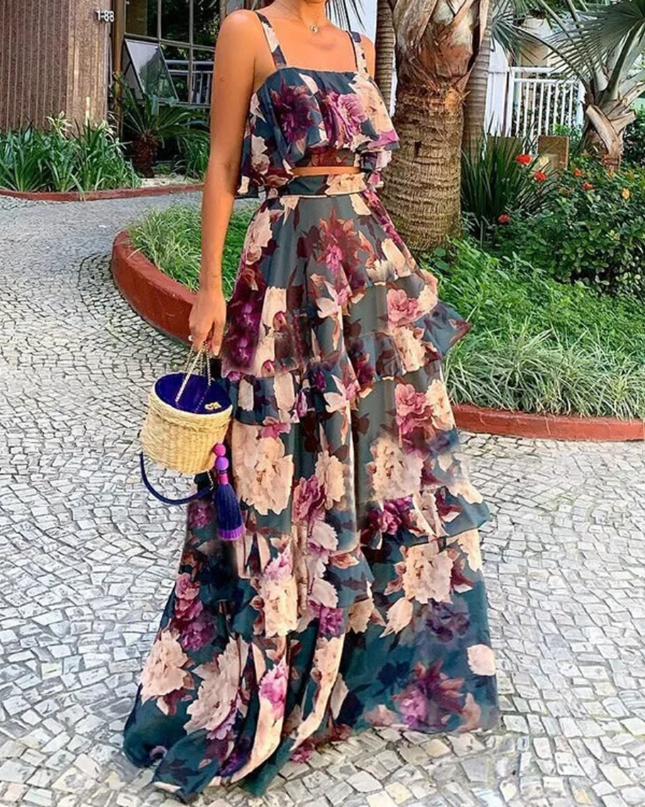 Conjunto de 2 peças Floral Novo de Primavera/Verão, Top com Alça Babada e Saia Longa, Roupa Casual Boêmia 211