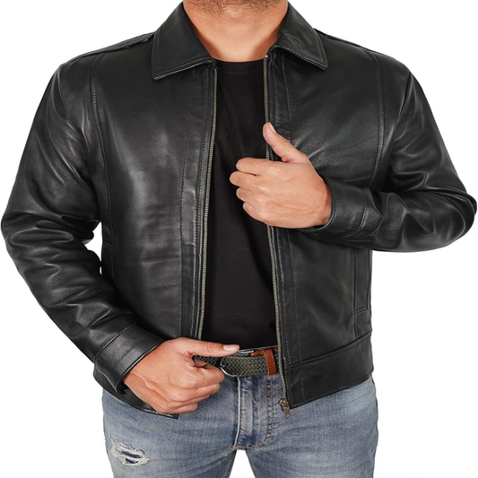 Men's Y2K Bold Black Leather Jacket - Cropped Utility Style