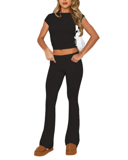 Conjunto Esportivo de Malha Slim Fit de Cor Sólida com Top de Manga Curta e Calça Flare 143