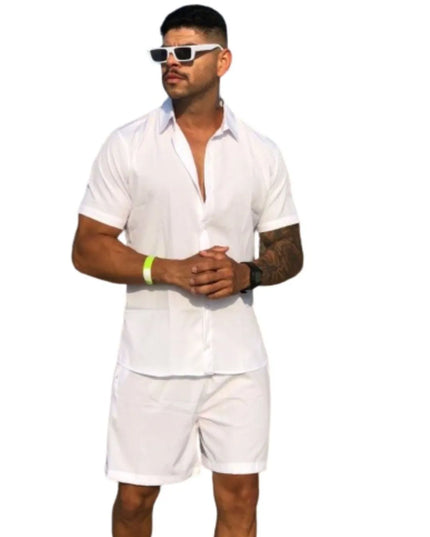 Conjunto Camisa e Short Lisa Havaiano Estampado Listrado Masculino Tecido de Viscolinho com elastano 464