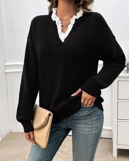 Suéter Feminino de Gola Tripulação com Bordado de Renda Elegante e Romântico Estilo Francês 183