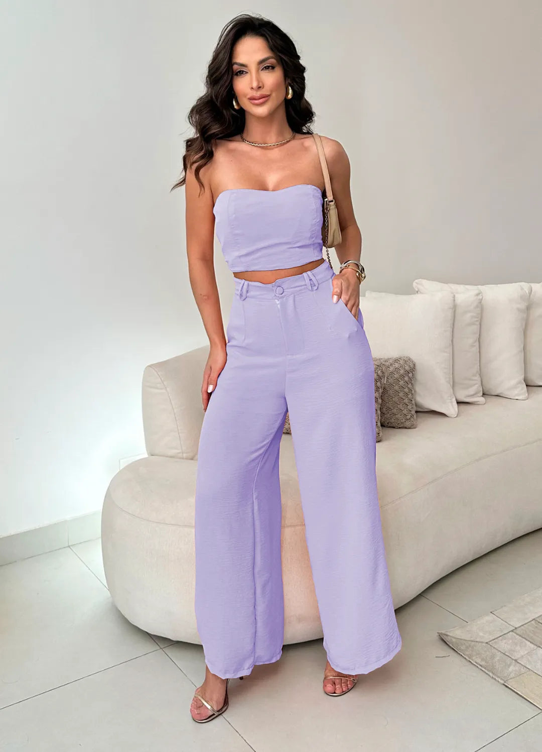 Conjunto Feminino Casual Elegante Calça Pantalona Cintura Alta e Cropped Duna 244