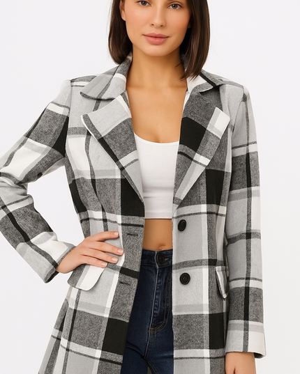 Jaqueta feminina de inverno xadrez com bolso na lapela 15