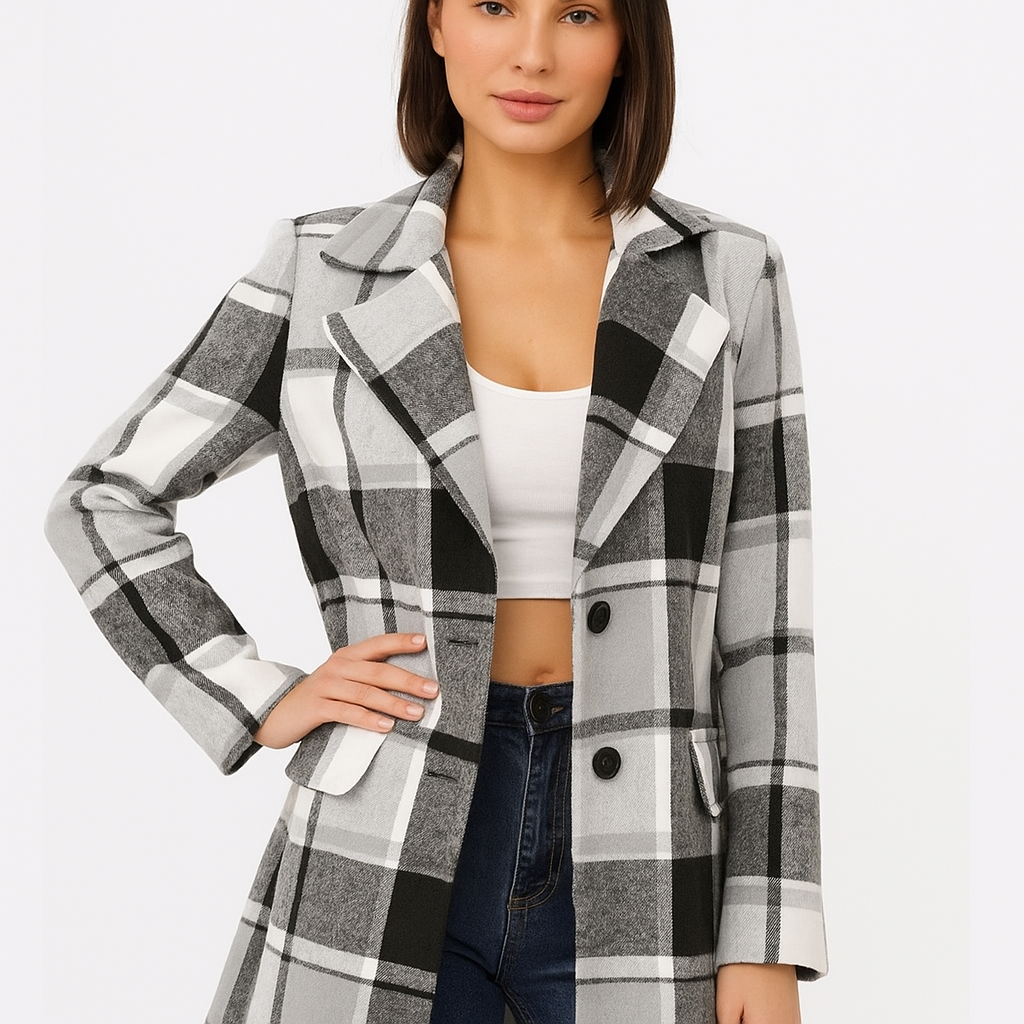 Jaqueta feminina de inverno xadrez com bolso na lapela 15