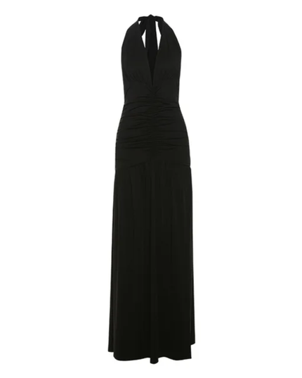 Vestido Longo Elegante de Decote em V com Halter, Vestido com Fenda Sexy, Pregueado e Costas Abertas 302