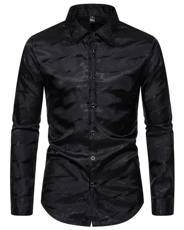 Homem Meia-Noite Camisa Masculina de Manga Longa com Gola Alta Jacquard, Ajuste Solto, Outono, Formal 591