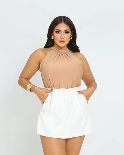 Blusa Feminina Gola Alta Halter Sem Mangas em Suplex Liso Elegante 230