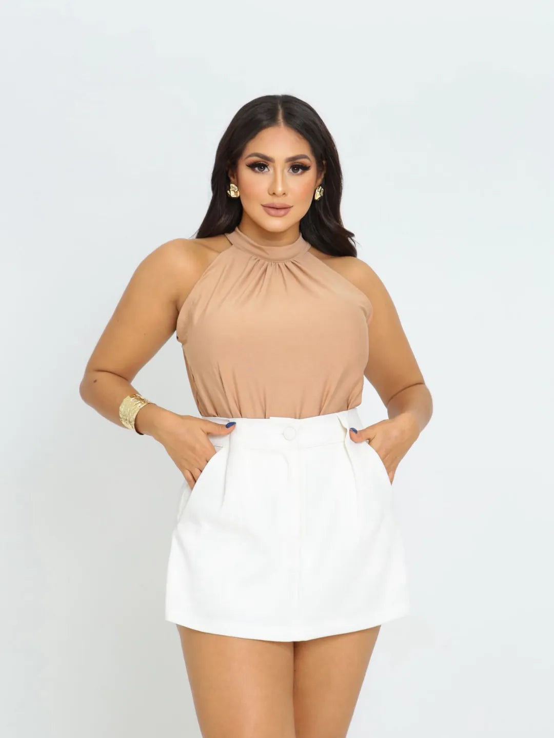 Blusa Feminina Gola Alta Halter Sem Mangas em Suplex Liso Elegante 230