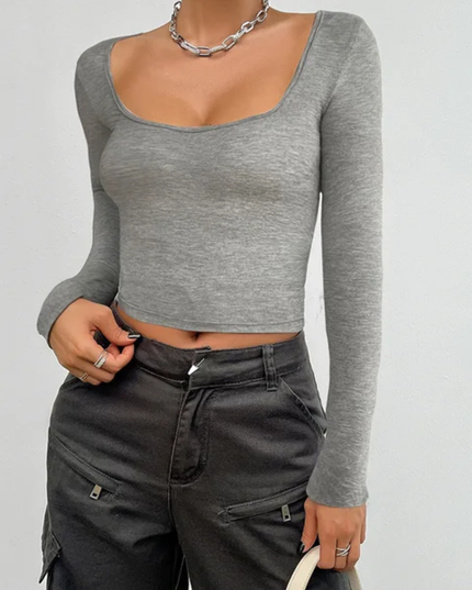 Camiseta Térmica Ajustada de Manga Longa com Decote Quadrado e Cor Sólida Feminine 150