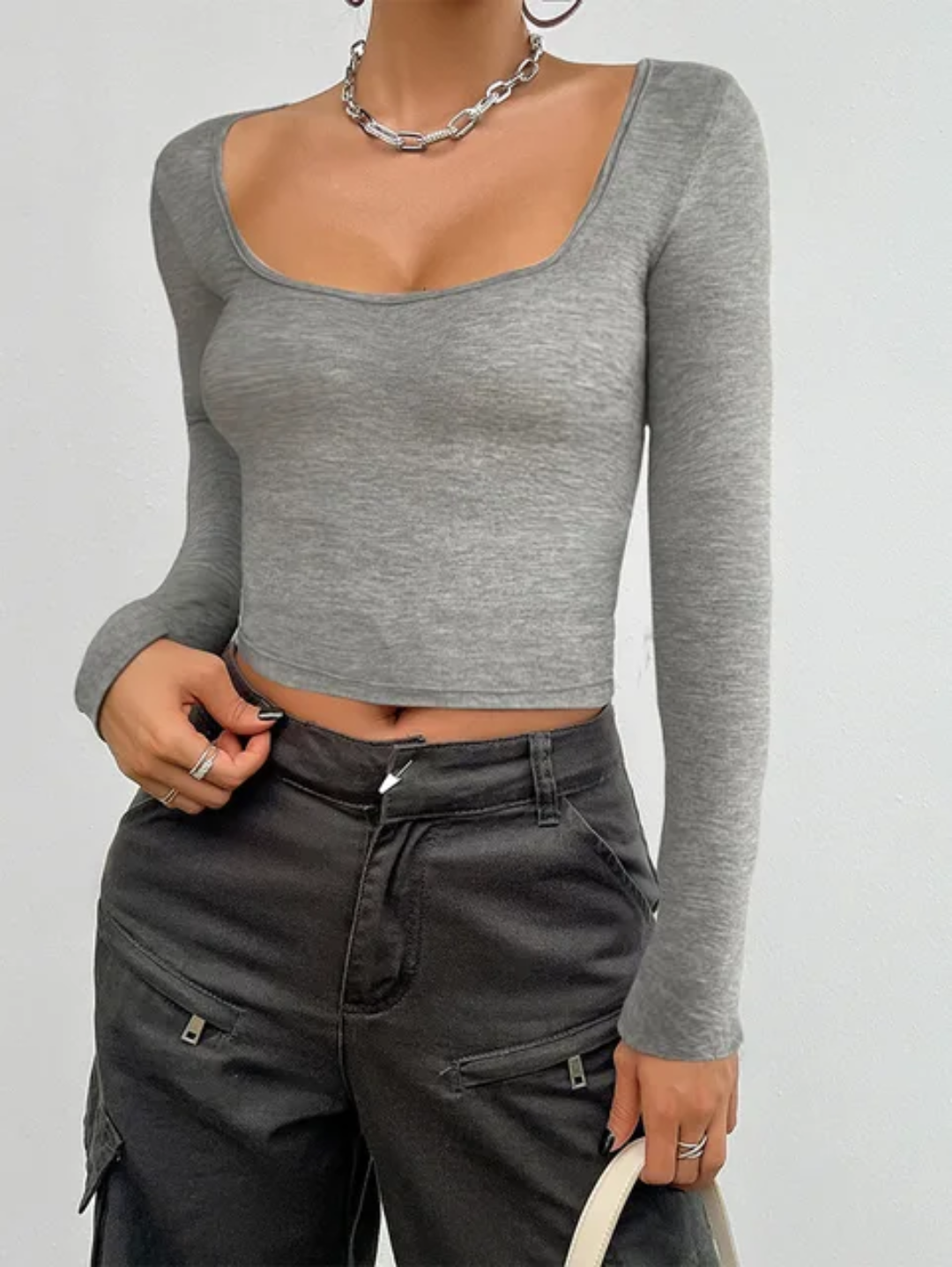 Camiseta Térmica Ajustada de Manga Longa com Decote Quadrado e Cor Sólida Feminine 150