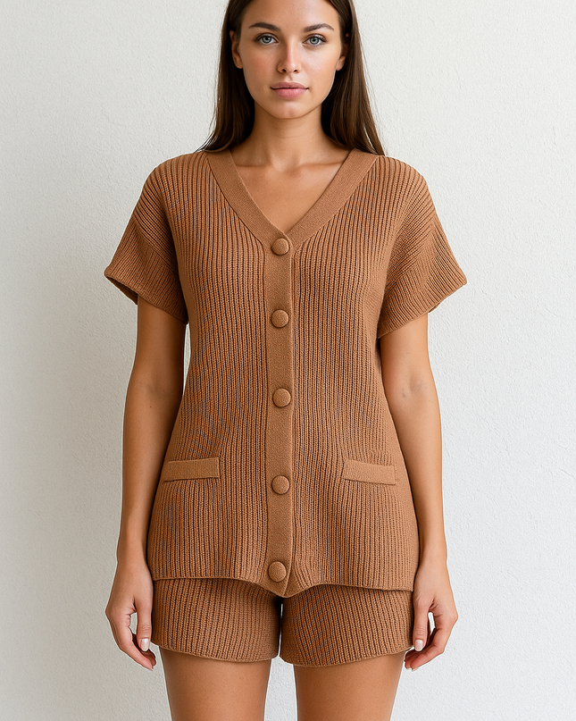 Conjunto de shorts feminino casual de 2 peças com botões e decote em V 24