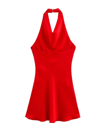 Vestido curto de cetim com decote halter 300