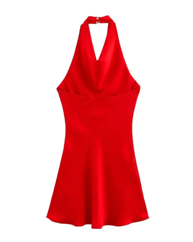 Vestido curto de cetim com decote halter 300