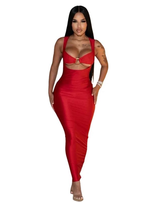 Vestido maxi sexy de cor sólida com cintura império, alças longas e costas nuas 525