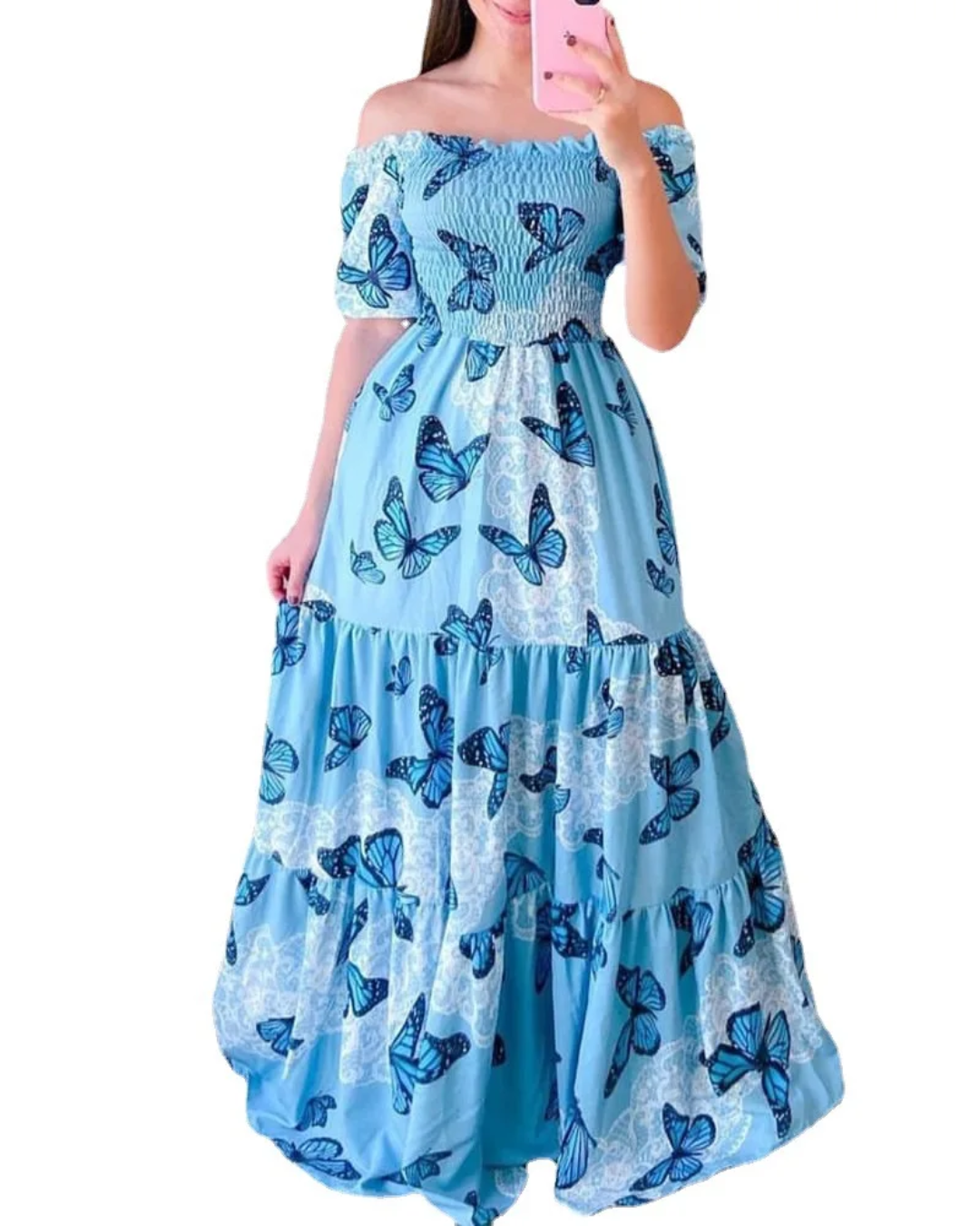 Vestido longo feminino sem alças com estampa de borboletas 209