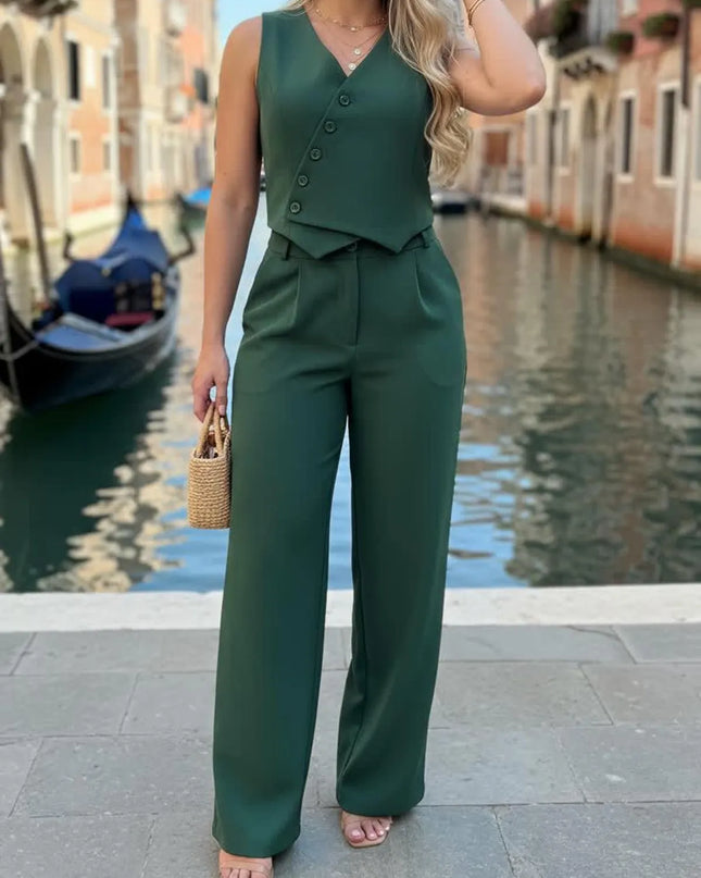 Assimétrico Conjunto Feminino de Duas Peças: Colete com Gola Halter e Calça Longa 57