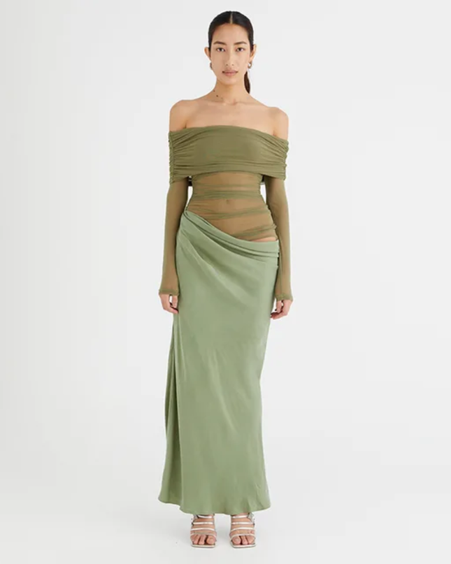 Closet Mally Vestido Fashionável de Malha Transparente com Recorte Ombro a Ombro para Mulheres Onicee 498