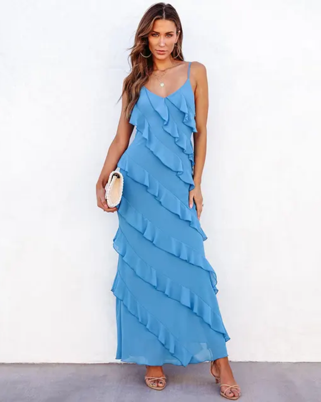 Vestido Vermelho para Mulheres com Babado na Barra, Ajustado, de Cor Sólida Tecida 213