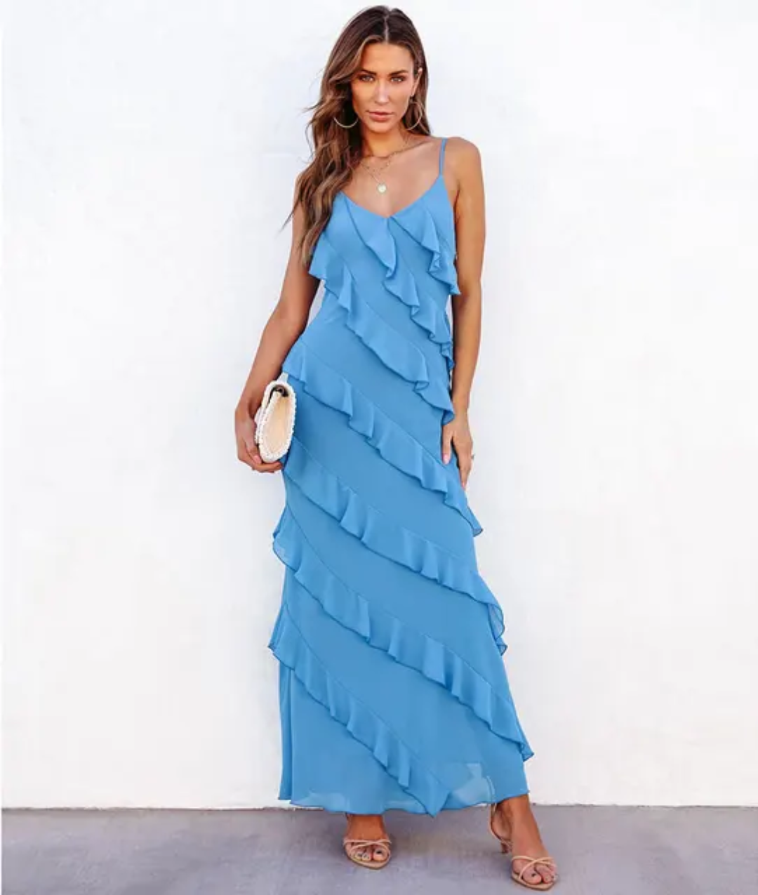 Vestido Vermelho para Mulheres com Babado na Barra, Ajustado, de Cor Sólida Tecida 213