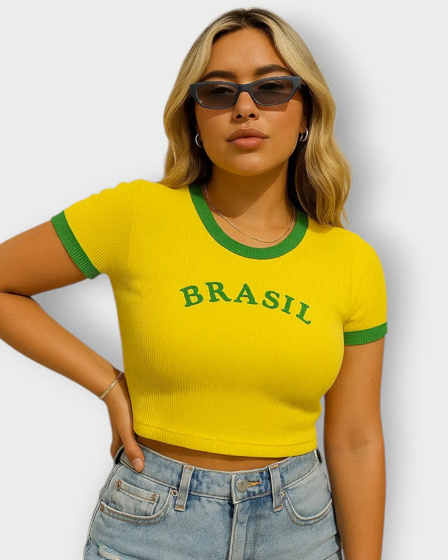 Cropped Brasil Canelado Bordado Copa Do Mundo Futebol 281
