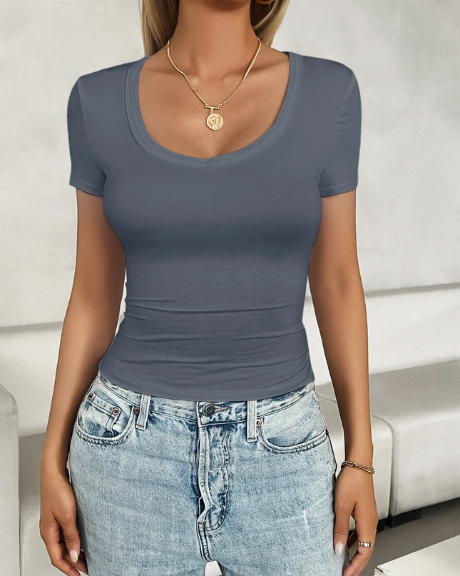 Camiseta feminina de ajuste justo, de manga curta e gola redonda, de cor cinza escuro, adequada 164