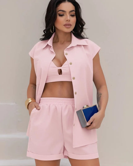 Conjunto Feminino Cropped, Colete e Shorts em Linho, Conjunto de 3 peças 266