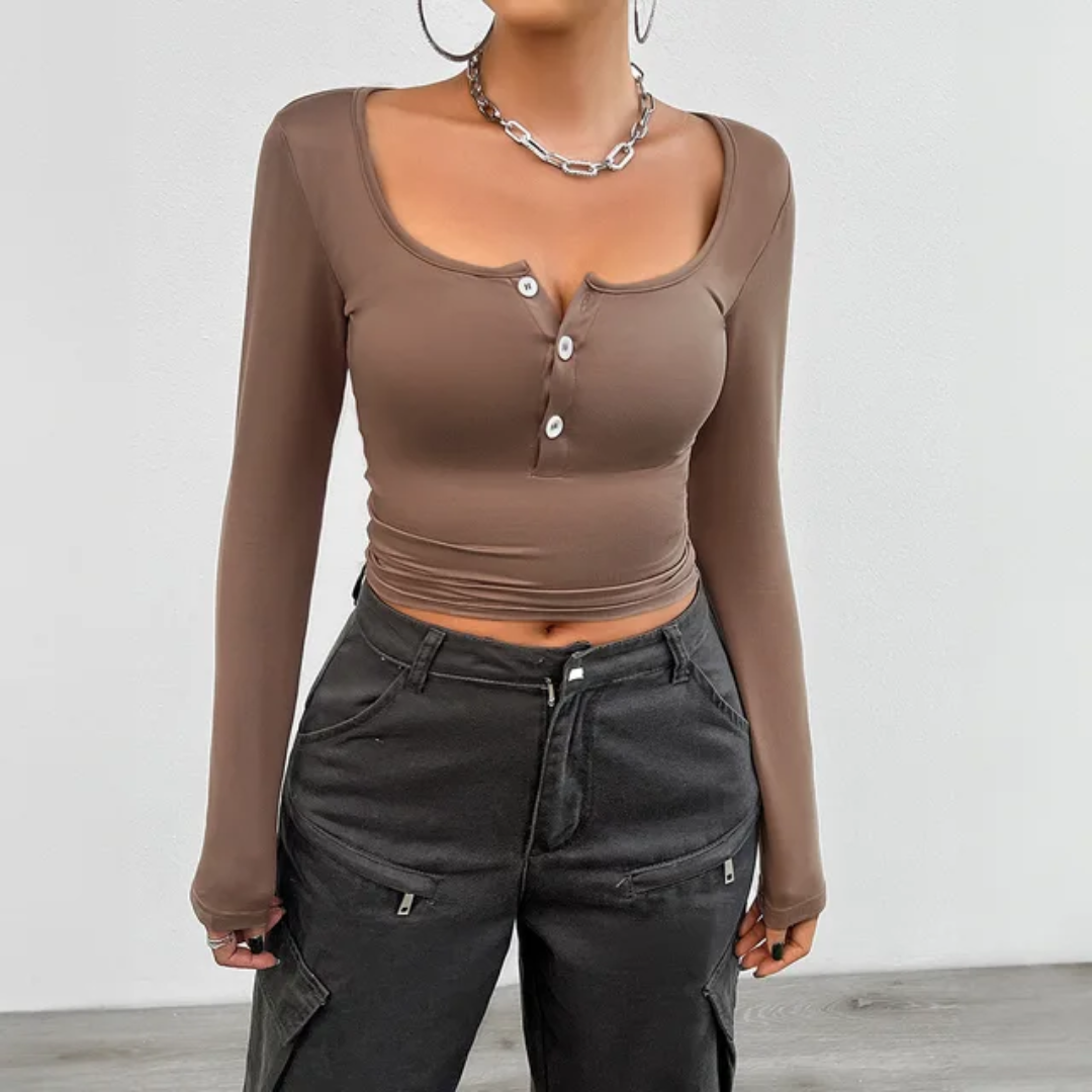 Camiseta Térmica Ajustada de Manga Longa com Decote Quadrado e Cor Sólida Feminine 151