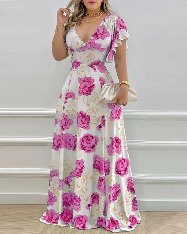 Vestido Longo Floral com Babados e Decote em V para Mulheres, Primavera e Verão. 218