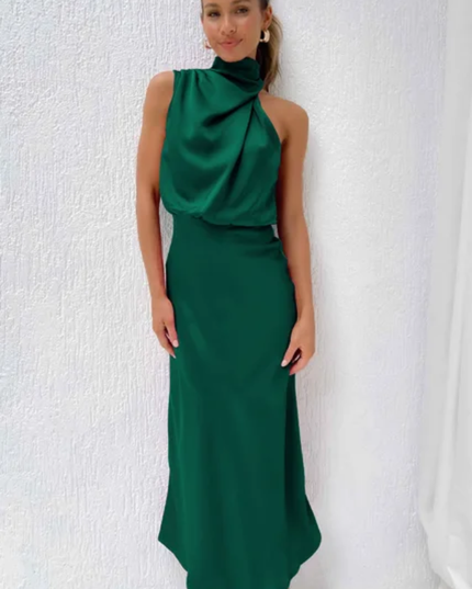 Vestido de Festa Elegante Sem Mangas de Gola Alta em Cetim, Vestido Semiformal de Coquetel 303